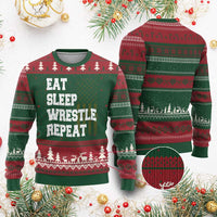 Eat Sleep Wrestle Repeat Ugly Christmas Sweater Funny Wrestling Gym American Flag - Wonder Print Shop