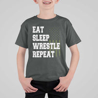 Eat Sleep Wrestle Repeat T Shirt For Kid Funny Wrestling Gym American Flag - Wonder Print Shop