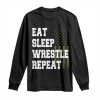 Eat Sleep Wrestle Repeat Long Sleeve Shirt Funny Wrestling Gym American Flag - Wonder Print Shop