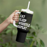 Eat Sleep Wrestle Repeat Tumbler With Handle Funny Wrestling Gym American Flag - Wonder Print Shop