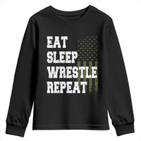Eat Sleep Wrestle Repeat Youth Sweatshirt Funny Wrestling Gym American Flag - Wonder Print Shop