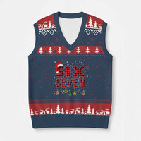 Funny Six Seven Xmas V-Neck Knit Sweater Vest 67 Meme Gen Alpha Slang Red Plaid Xmas Pajamas - Wonder Print Shop