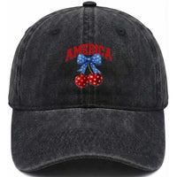 America Cherry Coquette Bow Washed Cotton Baseball Cap 4th of July Patriotic