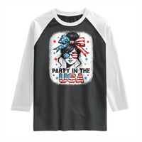 Party In USA Girls 4th of July Raglan Shirt Messy Bun USA - Wonder Print Shop