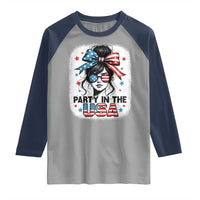 Party In USA Girls 4th of July Raglan Shirt Messy Bun USA - Wonder Print Shop