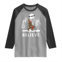 Bigfoot Christmas Tree Lights Raglan Shirt Believe Rock On Sasquatch Santa Hat