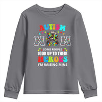 Autism Mom Youth Sweatshirt Raising Hero Messy Bun Autism Awareness