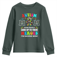 Autism Mom Youth Sweatshirt Raising Hero Messy Bun Autism Awareness