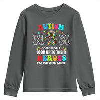Autism Mom Youth Sweatshirt Raising Hero Messy Bun Autism Awareness