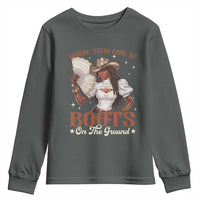 Black Cowgirl Youth Sweatshirt Where Them Fans At Boots On The Ground - Wonder Print Shop