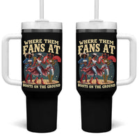 Where Them Fans At Boots On The Ground Black Cowgirl Tumbler With Handle
