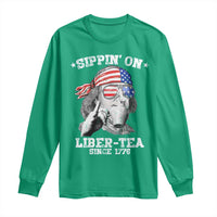 Funny 4th Of July Long Sleeve Shirt Sippin On Liber Tea Liberty Ben Franklin 1776 USA Flag - Wonder Print Shop
