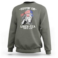 Funny 4th Of July Sweatshirt Sippin On Liber Tea Liberty Ben Franklin 1776 USA Flag - Wonder Print Shop