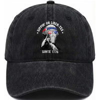 Funny George Washington Washed Cotton Baseball Cap 4th Of July Sippin On Liber Tea Liberty American Flag 1776