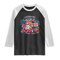 Christmas In July 250 Years 1776 2026 Patriotic Santa Flamingo Float Summer Xmas Raglan Shirt