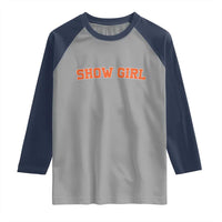 Showgirl Raglan Shirt Retro Vintage Varsity Sports Orange Text - Wonder Print Shop