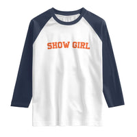 Showgirl Raglan Shirt Retro Vintage Varsity Sports Orange Text - Wonder Print Shop