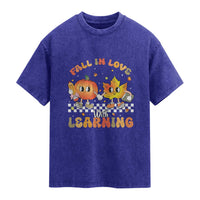Autumn Teacher Washed Cotton T-Shirt Retro Fall In Love With Learning Thanksgiving Pumpkin