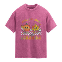 Autumn Teacher Washed Cotton T-Shirt Retro Fall In Love With Learning Thanksgiving Pumpkin