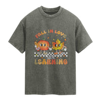 Autumn Teacher Washed Cotton T-Shirt Retro Fall In Love With Learning Thanksgiving Pumpkin