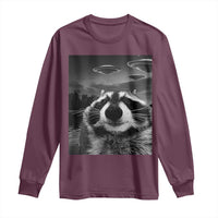 Funny Graphic Racoon Selfie with UFOs Weird Long Sleeve Shirt