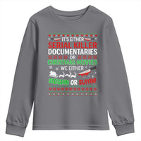 Crime Documentaries Ugly Christmas Youth Sweatshirt Funny Horror Xmas Slaying Or Sleighing - Wonder Print Shop