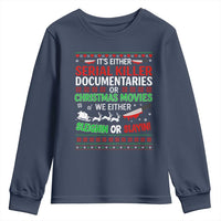 Crime Documentaries Ugly Christmas Youth Sweatshirt Funny Horror Xmas Slaying Or Sleighing - Wonder Print Shop