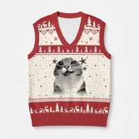 Funny Y2k Cat Meme V-Neck Knit Sweater Vest Vintage Retro Silly Cats Cats lover Gift - Wonder Print Shop