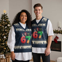 67 Six Seven Xmas V-Neck Knit Sweater Vest Funny Dabbing Santa Elf Friends 6 7 Meme Gen Alpha Slang - Wonder Print Shop