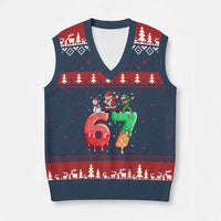 67 Six Seven Xmas V-Neck Knit Sweater Vest Funny Dabbing Santa Elf Friends 6 7 Meme Gen Alpha Slang - Wonder Print Shop