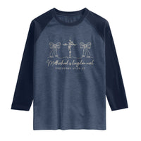 Motherhood Is Kingdom Work Raglan Shirt Cute Christian Mom Mothers Day Coquette Bow Cross