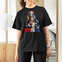 Bigfoot Merica T Shirt For Women American Flag Patriotic 4th Of July Uncle Sam - Wonder Print Shop
