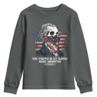 Funny 4th Of July Youth Sweatshirt George Washington Stay Strapped Or Get Clapped USA Flag - Wonder Print Shop