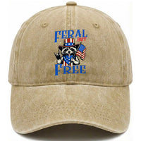 Patriotic Raccoon 4th of July Washed Cotton Baseball Cap Feral But Free USA Flag