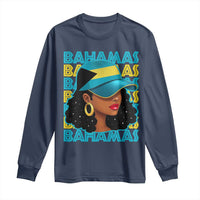 Bahamian Girl Long Sleeve Shirt Melanin Afro Messy Bun Black Woman Bahamas Flag - Wonder Print Shop