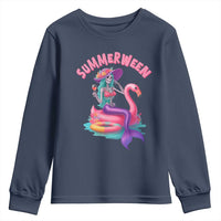 Summerween Mermaid Skeleton Youth Sweatshirt Beach Flamingo Halloween Girl - Wonder Print Shop