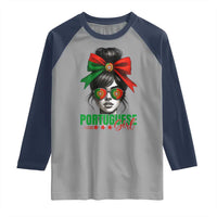 Portuguese Girl Raglan Shirt Messy Bun Portugal Flag Roots Heritage Pride Gift - Wonder Print Shop