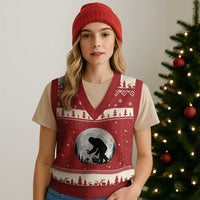 Bigfoot Mushroom Hunter V-Neck Knit Sweater Vest Vintage Sasquatch Art Mystical Nature Lover Retro Full Moon
