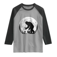 Bigfoot Mushroom Hunter Raglan Shirt Vintage Sasquatch Art Mystical Nature Lover Retro Full Moon