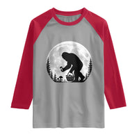 Bigfoot Mushroom Hunter Raglan Shirt Vintage Sasquatch Art Mystical Nature Lover Retro Full Moon