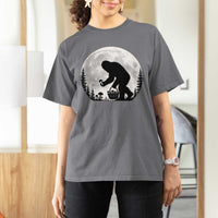 Bigfoot Mushroom Hunter T Shirt For Women Vintage Sasquatch Art Mystical Nature Lover Retro Full Moon