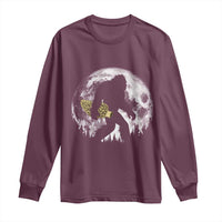 Bigfoot with Morel Mushroom Long Sleeve Shirt Sasquatch Fungi Full Moon Silhouette Graphic