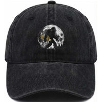 Bigfoot with Morel Mushroom Washed Cotton Baseball Cap Sasquatch Fungi Full Moon Silhouette Graphic