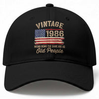 40th Birthday Baseball Cap Vintage 1986 Weird Being the Same Age as Old People USA Flag
