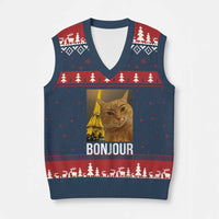 Funny Cat Bonjour V-Neck Knit Sweater Vest Paris France Eiffel Tower Orange Cat Meme - Wonder Print Shop