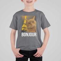 Funny Cat Bonjour T Shirt For Kid Paris France Eiffel Tower Orange Cat Meme - Wonder Print Shop