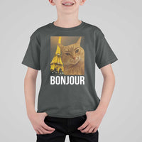 Funny Cat Bonjour T Shirt For Kid Paris France Eiffel Tower Orange Cat Meme - Wonder Print Shop