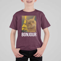 Funny Cat Bonjour T Shirt For Kid Paris France Eiffel Tower Orange Cat Meme - Wonder Print Shop