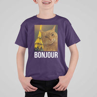 Funny Cat Bonjour T Shirt For Kid Paris France Eiffel Tower Orange Cat Meme - Wonder Print Shop