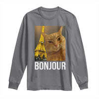Funny Cat Bonjour Long Sleeve Shirt Paris France Eiffel Tower Orange Cat Meme - Wonder Print Shop